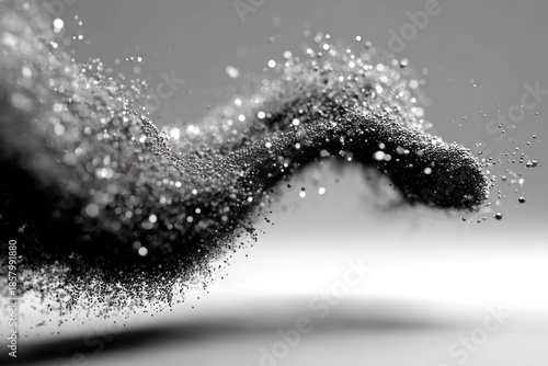 Abstract Powder Trail: A mesmerizing, abstract formation of fine particles, captured mid-flight, creates a sense of dynamic movement and subtle beauty in monochromatic tones.