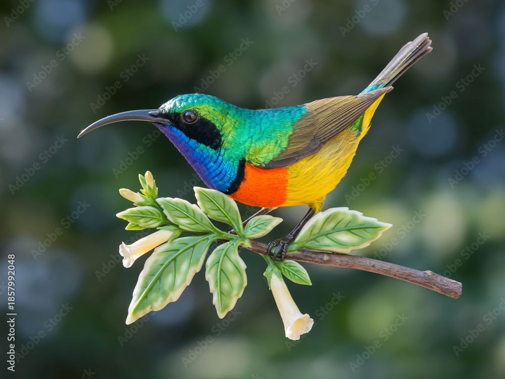 Fototapeta premium Colorful Birds on Tree Branch with Tropical Flowers Illustration