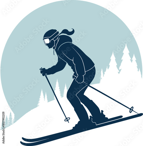 Silhouette of a female skier descending a snowy slope with pine trees in the background skiing woman 1
