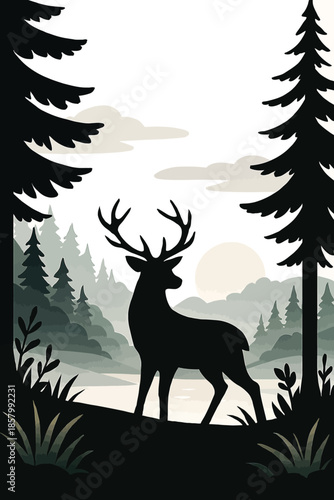 Silhouette of a stag standing in a misty forest landscape with pine trees and a pale sun deer