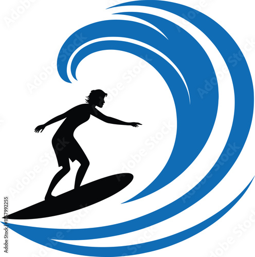 Silhouette of a surfer riding a blue wave on a white background surfing ocean