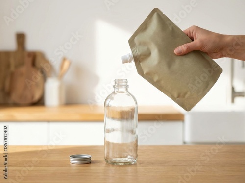 Hand pouring liquid from a sustainable refill pouch into a reusable glass bottle in a modern kitchen.