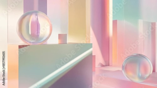 Abstract geometric composition with pastel colors and transparent spheres