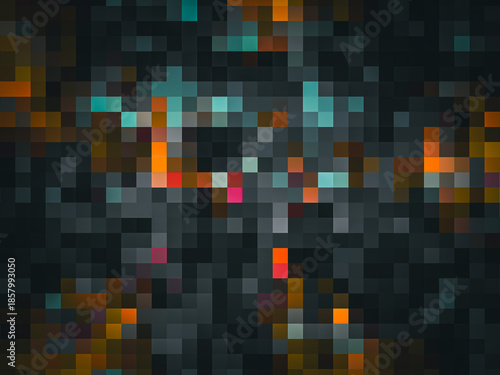 A black and orange background with a lot of different colored squares