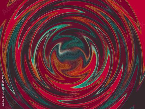 A colorful abstract painting with a red background and green and blue swirls