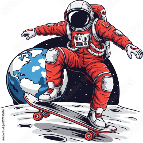 Astronaut character riding a skateboard on the moon surface vector illustration