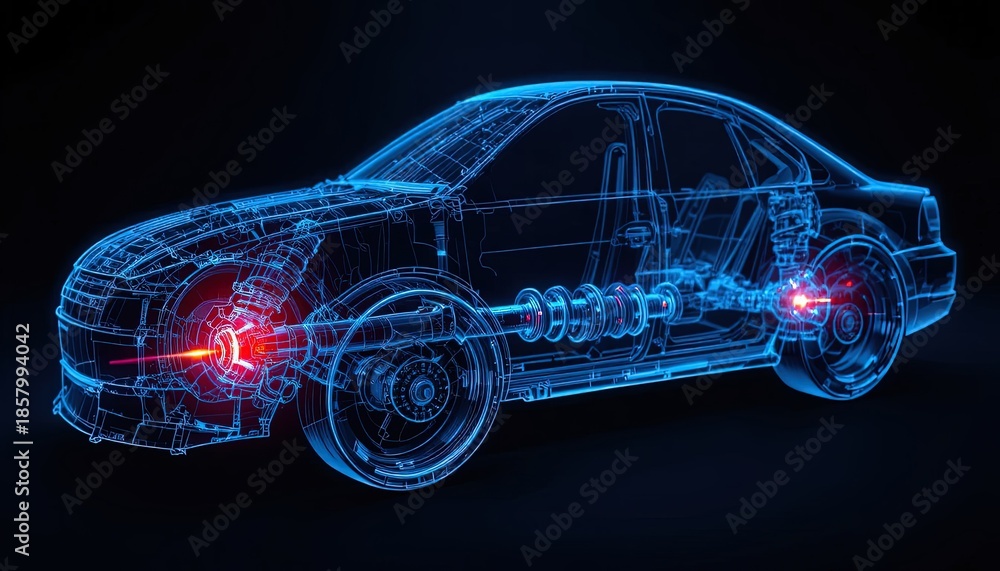 Fototapeta premium Abstract Vehicle Blueprint Visualization: Modern Automotive Technology & Engineering Concept