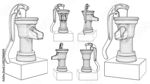 Hand Press Water Pump Vector. An Illustration Of a Vintage Retro Old Garden Fountain Isolated On A White Background.