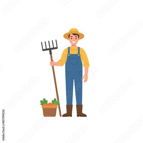 Flat vector illustration of a farmer holding a pitchfork beside a plant pot, isolated on a pure white background, representing agriculture, farming activities, and rural lifestyle concepts.