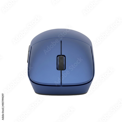 Blue wireless computer mouse with scroll wheel and side buttons.