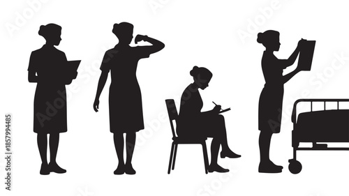 Nurse silhouettes professional and active in monochrome graphic vector illustration for healthcare services and medical staff representation.