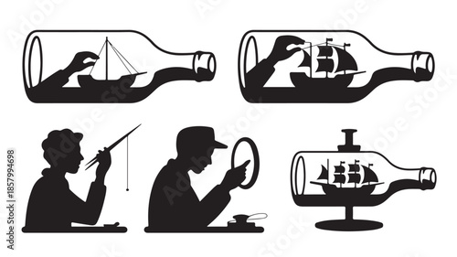 Ship in a bottle building process with intricate silhouette illustration in monochromatic graphic style for hobby and craftsmanship representation.