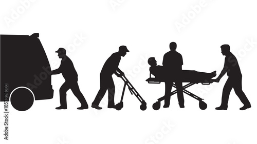 Paramedics moving patient silhouettes in urgent black and white vector illustration for emergency medical services design.
