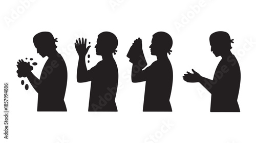 Hand washing process steps in clean instructional black silhouette graphic for public health education.