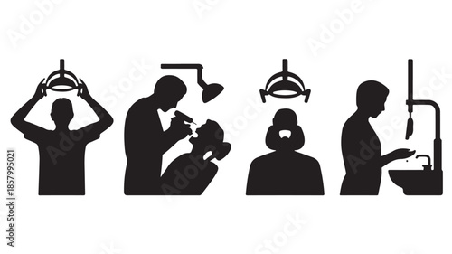 Dental procedures silhouette illustration with professional medical style in black and white vector graphic for healthcare services.