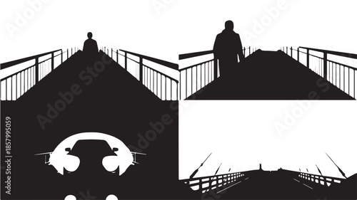 People on bridges minimalist stark black and white vector graphic for representing journey, solitude, or urban isolation.