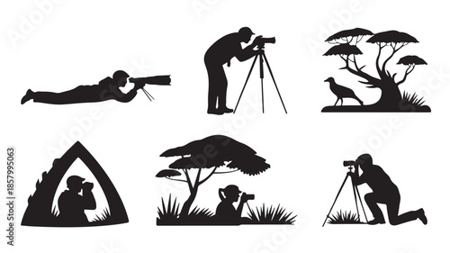 Wildlife photographers silhouettes in dedicated outdoor adventure style with black and white graphic vector illustration for nature observation and safari tourism.