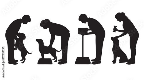 Pet owner and dog interaction in caring silhouette illustration with black and white isolated clean vector graphic for veterinary clinics and pet training guides.
