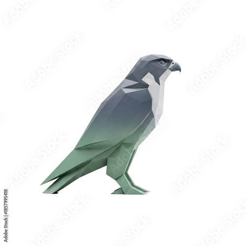 Origami bird sculpture in shades of gray and green artistic paper craft.