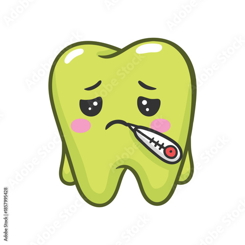 Sick tooth with thermometer cartoon illustration
