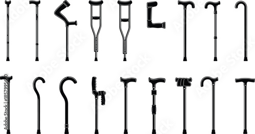 Walking cane and crutch silhouettes collection, medical mobility aid vector illustration set, black orthopedic support sticks icons for healthcare, elderly and rehabilitation design