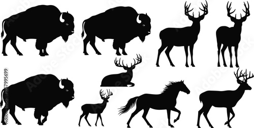 Wild animal silhouettes collection isolated on white background, bison deer and horse poses, wildlife mammal icons, nature black vector illustration set