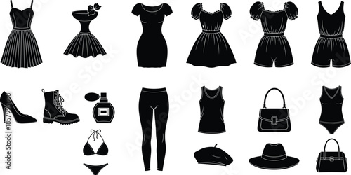 Women fashion silhouettes collection isolated on white background, dresses clothing shoes accessories icons, modern female wardrobe black vector illustration set