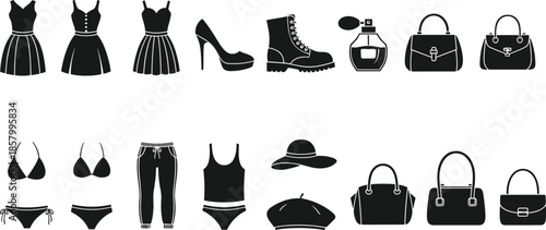 Women fashion clothing silhouettes collection isolated on white background, dresses shoes bags accessories icons, modern female wardrobe black vector illustration set