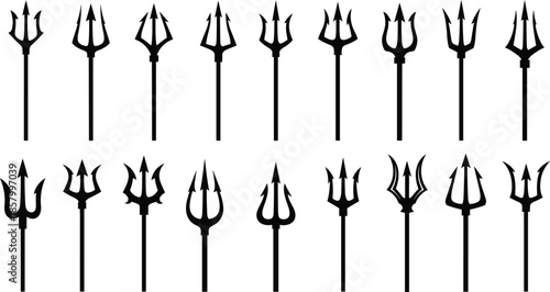 Trident spear silhouette collection, mythological and fantasy three prong weapons in various designs, black symbolic weapon vector illustration set