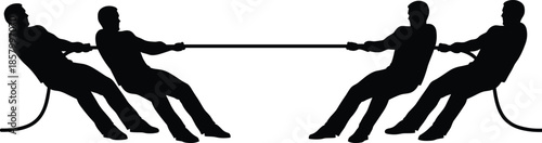 Tug of war competition silhouette, teamwork strength challenge with men pulling rope, isolated black vector illustration symbolizing unity, power, strategy, and cooperation