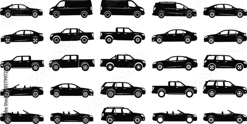 Vehicle silhouettes collection isolated on white background, cars vans pickup trucks SUVs convertibles icons, modern road transportation black vector illustration set
