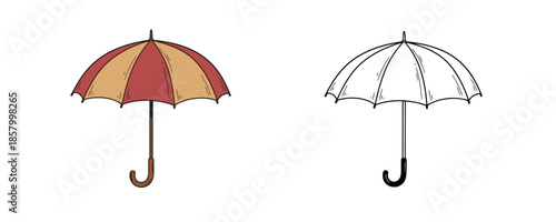 Hand-drawn umbrellas in comic style one with red and beige stripes and one black and white outline used for rain protection on a clean white background