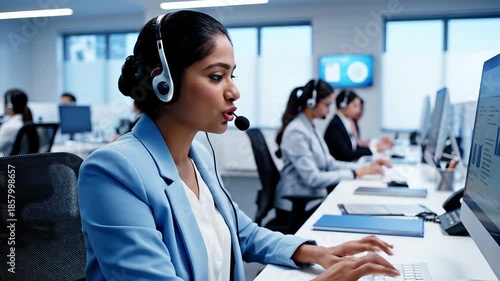 A focused Indian woman wearing a headset actively engages with a computer, providing excellent customer service in a bustling modern call center office environment, demonstrating professional communi.