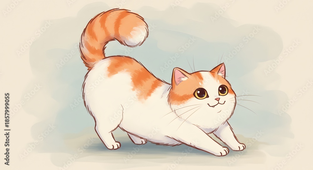 Fototapeta premium A cartoon orangeandwhite cat arches its back paws stretched forward on a soft neutral background