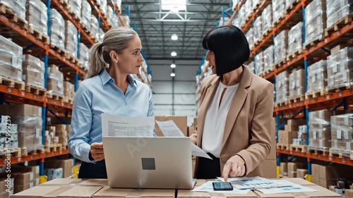 Teamwork in warehouse logistics analyzing inventory data on laptop