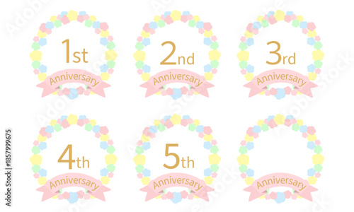 手描きのカラフルな花いっぱいの周年記念イラストセット