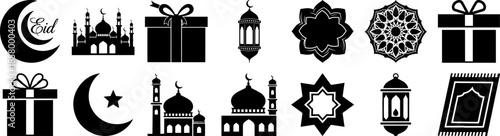 Complete Collection of Eid Mubarak Celebration Icons featuring Diverse Mosque Silhouettes Gift Boxes with Ribbons Decorative Lanterns Crescent Moons and Prayer Rug Symbols