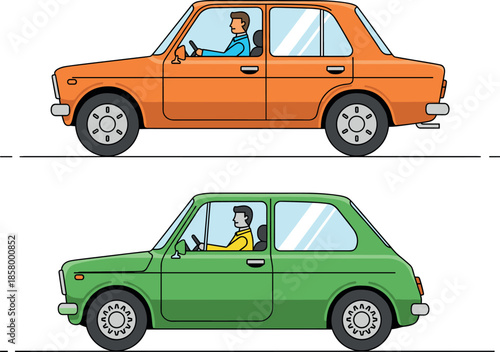 Set of classic retro cars vector illustration, featuring an orange sedan and a green hatchback with drivers in a vintage flat design for transport and nostalgia concepts.