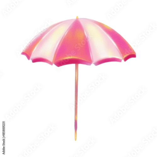 A vibrant pink and yellow umbrella standing upright against a clean white background, showcasing its colorful design and sturdy handle