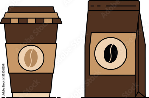Set of coffee items vector illustration in flat outline style, featuring a takeaway disposable cup and a bag of coffee beans for retail and cafe design.