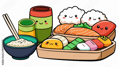 Cute Kawaii Sushi Bento Box Illustration with Happy Food Characters