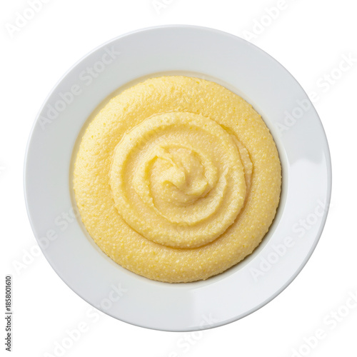 Creamy yellow polenta cornmeal porridge in white bowl