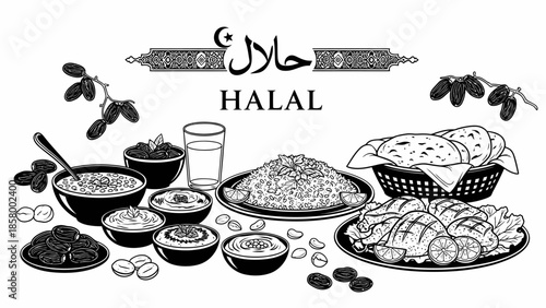 Traditional Halal Food Illustration, Ramadan Iftar Meal Set with Grilled Chicken, Rice, Dates, and Hummus Line Art