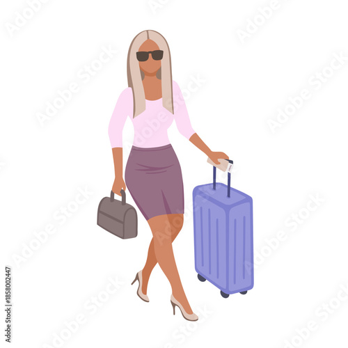Woman walks with a suitcase on wheels. Vector Illustration for printing, backgrounds, covers and packaging. Image can be used for greeting cards, posters, stickers. Isolated on white background.