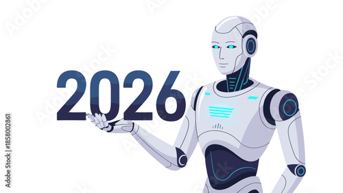 A futuristic robot holds the number 2026.