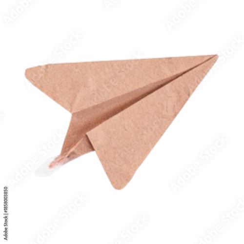 A paper airplane is flying through the air, viewed from the side, against a white background