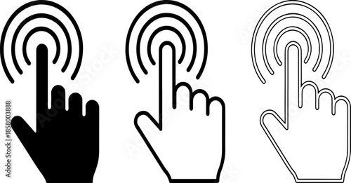 Hand Touching Screen Icons in Black and White Design