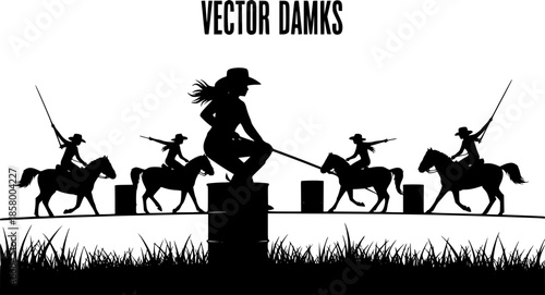 A vector silhouette of a rodeo cowgirl barrel racing.
