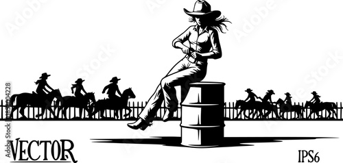 A vector silhouette of a rodeo cowgirl barrel racing.
