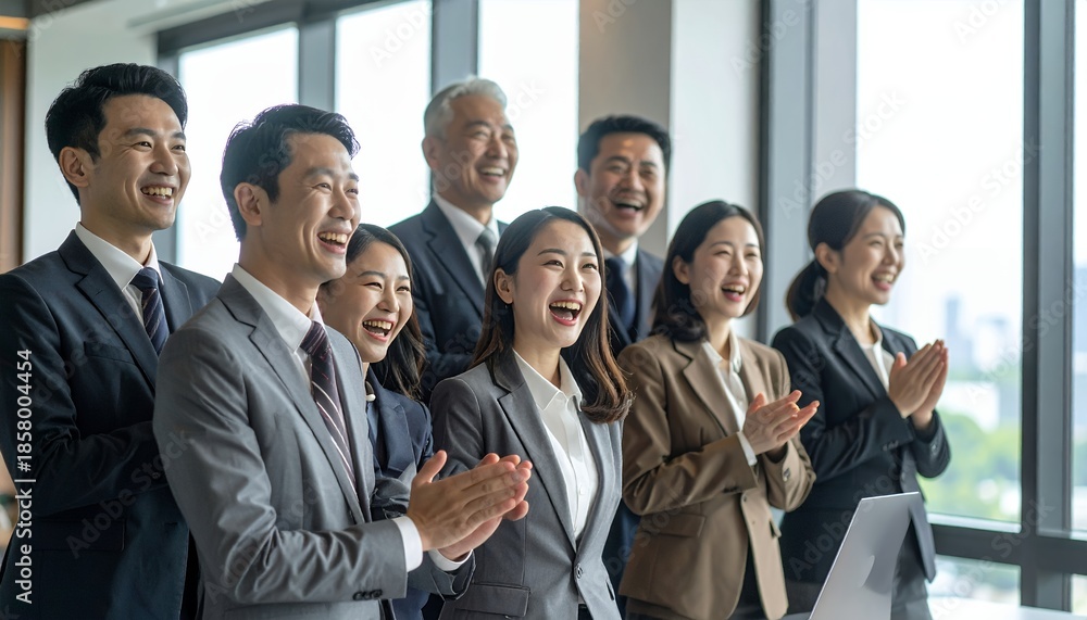 Obraz premium Diverse group of Asian business professionals applauding and smiling in a modern office setting.
